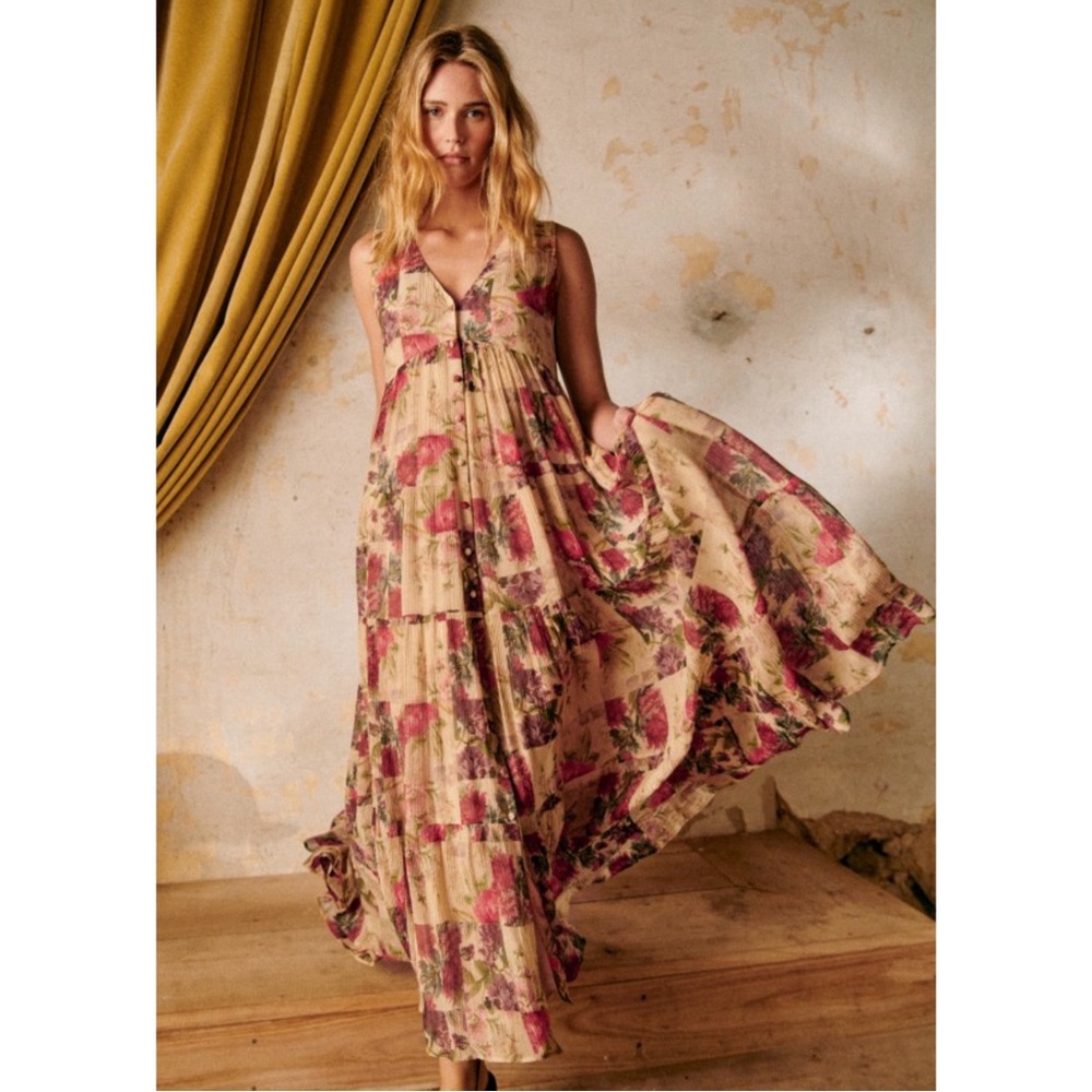 SEZANE Cream Red Rose Floral Patchwork Sleeveless Flowy Silk Alameda Maxi Dress - Picture 7 of 14